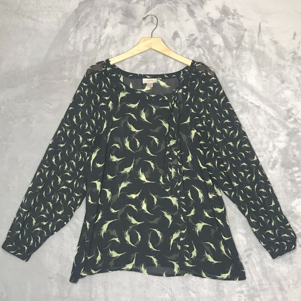 LOFT Top Womens Large Gray Yellow Blouse Long Sleeve Neck Tie Semi Sheer Career